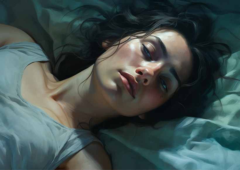 A close-up of a woman sleeping on a bed, her eyes partially open with a serene expression and tousled hair.