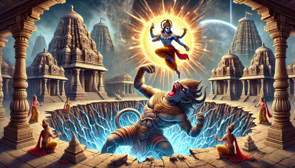 An artistic depiction of Lord Vishnu defeating the demon Lonasura, surrounded by ancient temples and cosmic elements, illustrating a scene from Hindu mythology.