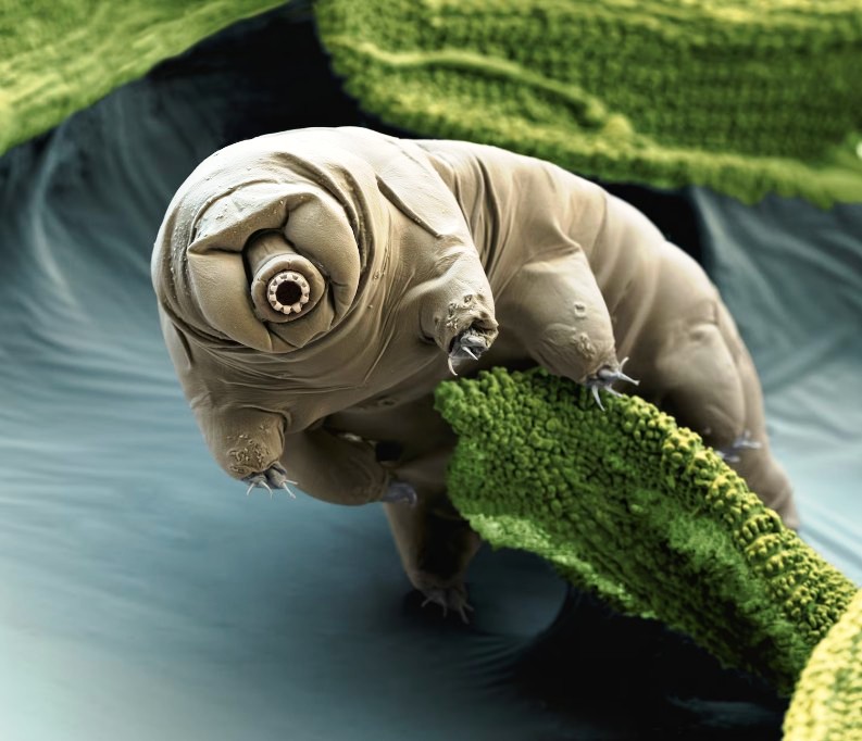 A close-up view of a tardigrade, also known as a water bear, displaying its unique features while clinging to a green surface in a microscopic environment.